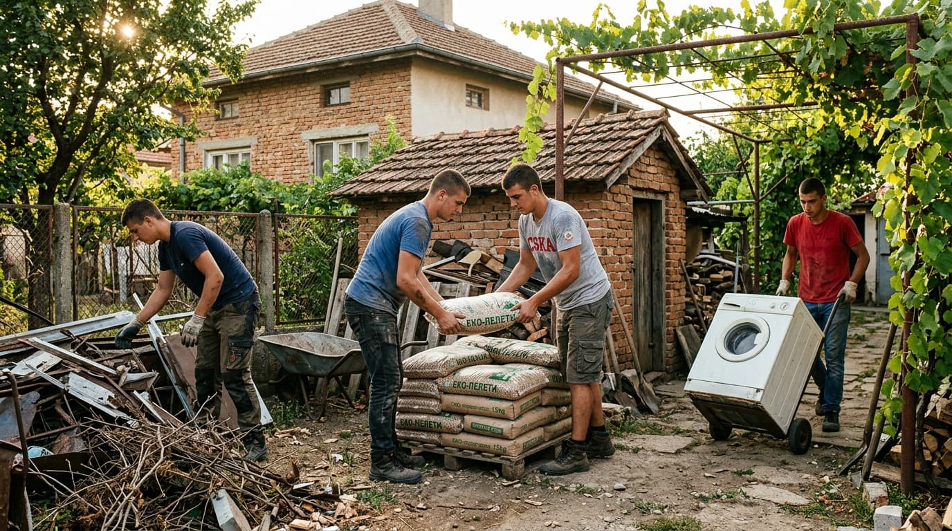 Четиримата младежи пренасят пелети, стара пералня и разчистват двор на къща